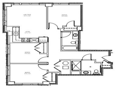 Floor plan for 3 beds, 2 baths, 1237 sqft